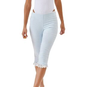 NUFIWI Women Gingham Capri Leggings Knee Length Y2k Ruffle Frill Hem Cropped Trousers Slim Fit Capris Pants Yoga Workout in Kuwait