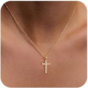 Cross Necklace for Women 14K Real Gold/Silver Plated Dainty Small CZ Cross Pendant Simple Choker Necklace Trendy Cute Sideways Cross Box Chain Necklace Easter Christian Baptism Religious Faith Jewelry Gift in Kuwait