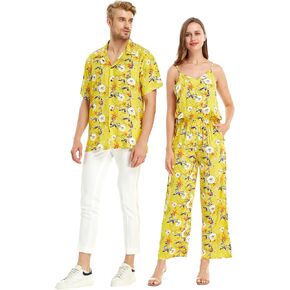 Matchable Couple Hawaiian Luau Shirt or V-Neck Jumpsuit with Pockets in Garden Poppy Yellow in Kuwait