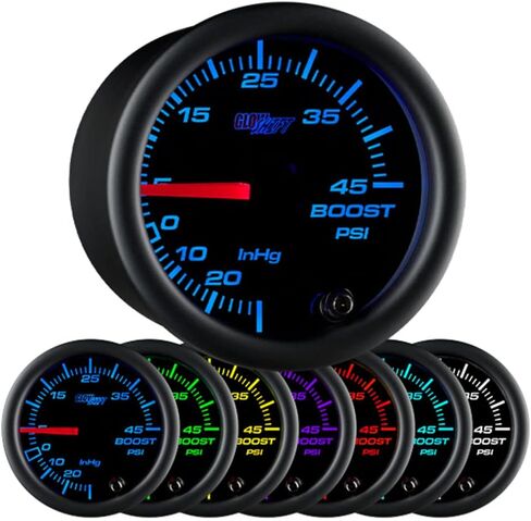 GlowShift Black 7 Color 45 Psi Turbo Boost/Vacuum Cauge Kit - يشمل خرطوم ميكانيكي و T- الطلب الأسود - عدسة صافية - للسيارات - 2-1/16 "52 ملم in Saudi Arabia