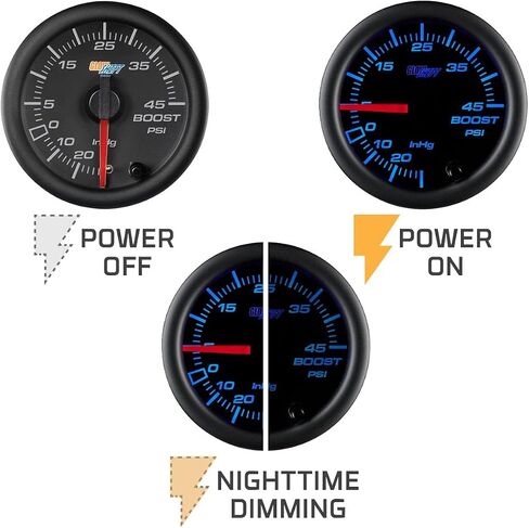 GlowShift Black 7 Color 45 Psi Turbo Boost/Vacuum Cauge Kit - يشمل خرطوم ميكانيكي و T- الطلب الأسود - عدسة صافية - للسيارات - 2-1/16 "52 ملم in Saudi Arabia