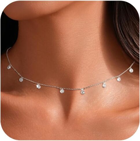 925 Sterling Silver Cubic Zirconia Station Necklaces for Women Dainty 14k Gold Plated Simulated Diamond Pendant Necklace Round Crystal Chain to Daughter Wedding Prom Brides Jewelry Gifts in Kuwait