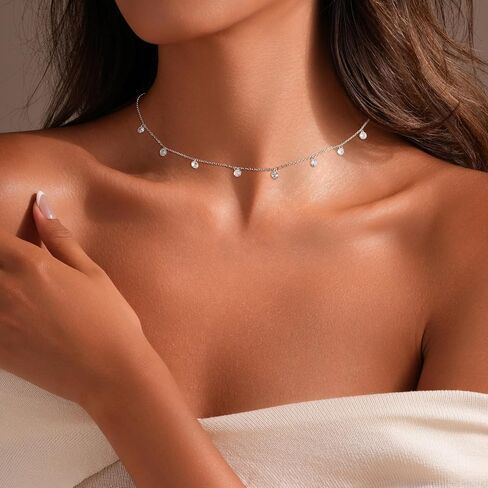 925 Sterling Silver Cubic Zirconia Station Necklaces for Women Dainty 14k Gold Plated Simulated Diamond Pendant Necklace Round Crystal Chain to Daughter Wedding Prom Brides Jewelry Gifts in Kuwait