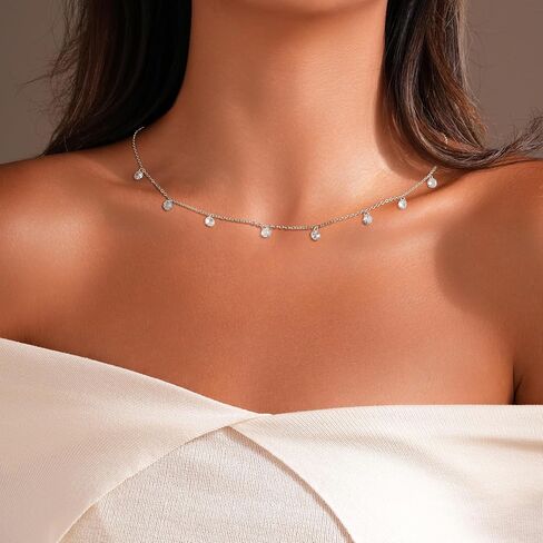 925 Sterling Silver Cubic Zirconia Station Necklaces for Women Dainty 14k Gold Plated Simulated Diamond Pendant Necklace Round Crystal Chain to Daughter Wedding Prom Brides Jewelry Gifts in Kuwait
