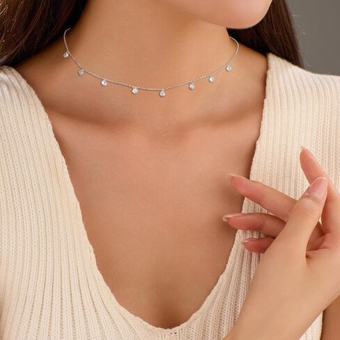 925 Sterling Silver Cubic Zirconia Station Necklaces for Women Dainty 14k Gold Plated Simulated Diamond Pendant Necklace Round Crystal Chain to Daughter Wedding Prom Brides Jewelry Gifts in Kuwait