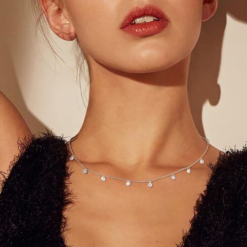 925 Sterling Silver Cubic Zirconia Station Necklaces for Women Dainty 14k Gold Plated Simulated Diamond Pendant Necklace Round Crystal Chain to Daughter Wedding Prom Brides Jewelry Gifts in Kuwait