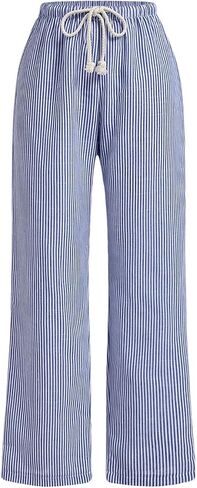 OYOANGLE Women's Striped Wide Leg Pants Drawstring Waist Straight Leg Trousers Lounge Pants in Saudi Arabia