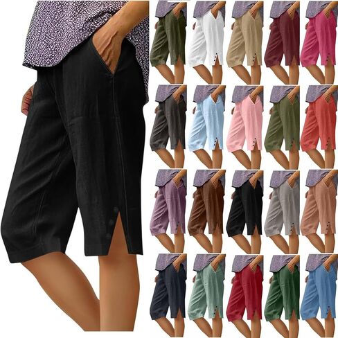 Bermuda Shorts for Women,Knee Length Linen Capri Pants High Waisted Comfy Casual Plus Size Capris 2025 in Kuwait