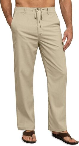 Mens Linen Pants Casual Linen Dress Pants Drawstring Summer Beach Lightweight Trousers with 4 Pockets Khaki, XL in Saudi Arabia