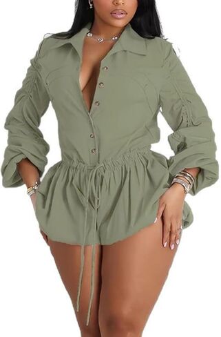 Summer Rompers for Women One Piece Tshirt Long Sleeve Button Drawstring Short Jumpsuits Overalls Outfits in Saudi Arabia