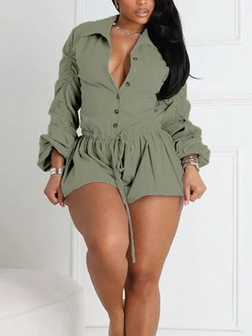 Summer Rompers for Women One Piece Tshirt Long Sleeve Button Drawstring Short Jumpsuits Overalls Outfits in Saudi Arabia