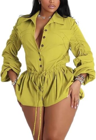 Summer Rompers for Women One Piece Tshirt Long Sleeve Button Drawstring Short Jumpsuits Overalls Outfits in Saudi Arabia