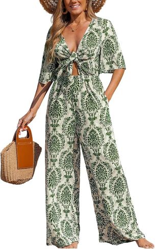 Cupshe Women's Summer Suilduit Short Sleeve v Neck Self Tie Tropical Floral Wide Beach Vacation Romper in Kuwait