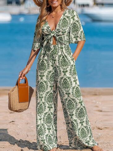 Cupshe Women's Summer Suilduit Short Sleeve v Neck Self Tie Tropical Floral Wide Beach Vacation Romper in Kuwait
