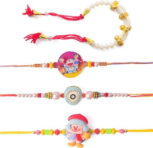 Satvik 4 PC Combo Rakhi Family Set 1 Bhaiya +1 Bhabhi Lumba + 2 Rakhi for Brother Bhaiya Bhabhi المصمم يدويًا تقليديًا Rakhi مع Puja Plate و Roli Chawal و Geting Card & Sita-Ram standser in Saudi Arabia