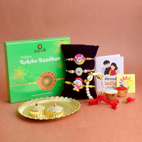 Satvik 4 PC Combo Rakhi Family Set 1 Bhaiya +1 Bhabhi Lumba + 2 Rakhi for Brother Bhaiya Bhabhi المصمم يدويًا تقليديًا Rakhi مع Puja Plate و Roli Chawal و Geting Card & Sita-Ram standser in Saudi Arabia
