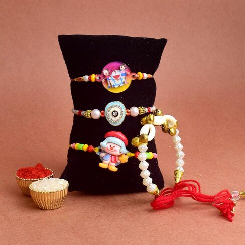 Satvik 4 PC Combo Rakhi Family Set 1 Bhaiya +1 Bhabhi Lumba + 2 Rakhi for Brother Bhaiya Bhabhi المصمم يدويًا تقليديًا Rakhi مع Puja Plate و Roli Chawal و Geting Card & Sita-Ram standser in Saudi Arabia