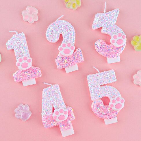 Number 1 Pink Glitter Birthday Candles with Dog Paw, 1 Candle for Cake, Glitter 1st Birthday Cake Topper Decoration for Boy Girl Pink Birthday Decoration Party Supplies in Kuwait