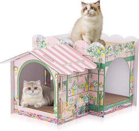 Multi Level Cardboard Cat House with 3 Scratchers Large Sturdy Cat Villa for Indoor Cats 17"x12"x10" Beach Cat Play Condo Cat Beds Pet Toys Hideout for Cat Birthday Bunny Small Animals in Saudi Arabia