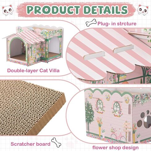 Multi Level Cardboard Cat House with 3 Scratchers Large Sturdy Cat Villa for Indoor Cats 17"x12"x10" Beach Cat Play Condo Cat Beds Pet Toys Hideout for Cat Birthday Bunny Small Animals in Saudi Arabia