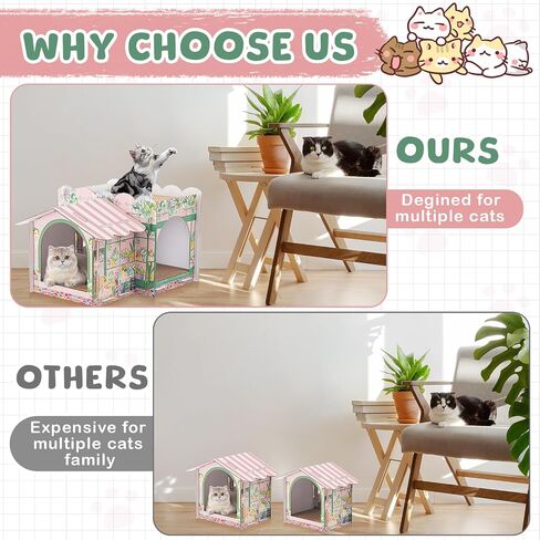 Multi Level Cardboard Cat House with 3 Scratchers Large Sturdy Cat Villa for Indoor Cats 17"x12"x10" Beach Cat Play Condo Cat Beds Pet Toys Hideout for Cat Birthday Bunny Small Animals in Saudi Arabia