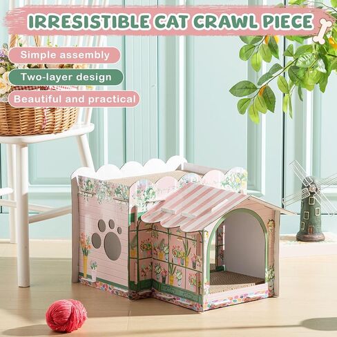 Multi Level Cardboard Cat House with 3 Scratchers Large Sturdy Cat Villa for Indoor Cats 17"x12"x10" Beach Cat Play Condo Cat Beds Pet Toys Hideout for Cat Birthday Bunny Small Animals in Saudi Arabia
