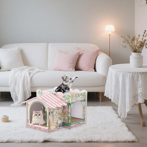 Multi Level Cardboard Cat House with 3 Scratchers Large Sturdy Cat Villa for Indoor Cats 17"x12"x10" Beach Cat Play Condo Cat Beds Pet Toys Hideout for Cat Birthday Bunny Small Animals in Saudi Arabia