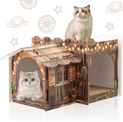 Multi Level Cardboard Cat House with 3 Scratchers Large Sturdy Cat Villa for Indoor Cats 17"x12"x10" Beach Cat Play Condo Cat Beds Pet Toys Hideout for Cat Birthday Bunny Small Animals in Saudi Arabia