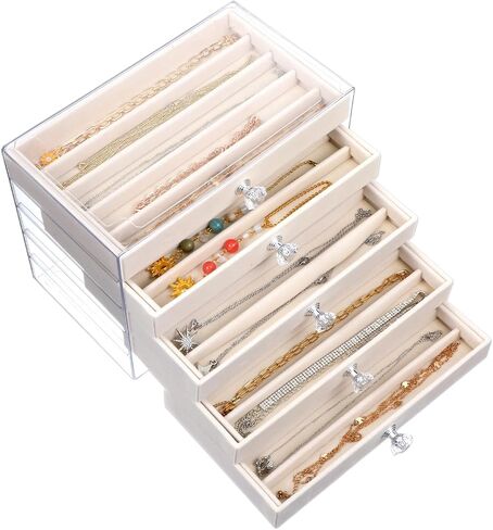 5-Drawer Necklace Organizer Box with Clear Acrylic & Velvet Lining, Beige Necklace Storage Box for Chains, Pendants, Stackable Dustproof Jewelry Holder(9.25 x 5.9 x 6.69 in) in Saudi Arabia