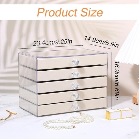 5-Drawer Necklace Organizer Box with Clear Acrylic & Velvet Lining, Beige Necklace Storage Box for Chains, Pendants, Stackable Dustproof Jewelry Holder(9.25 x 5.9 x 6.69 in) in Saudi Arabia