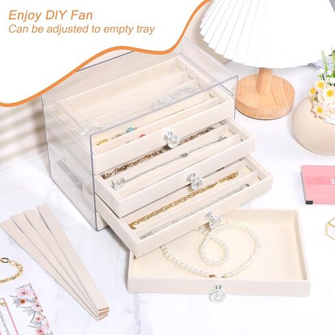 5-Drawer Necklace Organizer Box with Clear Acrylic & Velvet Lining, Beige Necklace Storage Box for Chains, Pendants, Stackable Dustproof Jewelry Holder(9.25 x 5.9 x 6.69 in) in Saudi Arabia