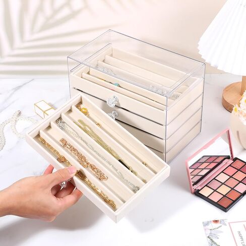 5-Drawer Necklace Organizer Box with Clear Acrylic & Velvet Lining, Beige Necklace Storage Box for Chains, Pendants, Stackable Dustproof Jewelry Holder(9.25 x 5.9 x 6.69 in) in Saudi Arabia