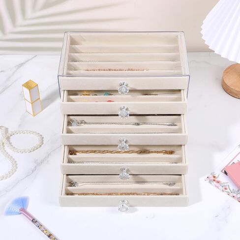 5-Drawer Necklace Organizer Box with Clear Acrylic & Velvet Lining, Beige Necklace Storage Box for Chains, Pendants, Stackable Dustproof Jewelry Holder(9.25 x 5.9 x 6.69 in) in Saudi Arabia