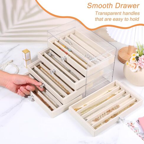 5-Drawer Necklace Organizer Box with Clear Acrylic & Velvet Lining, Beige Necklace Storage Box for Chains, Pendants, Stackable Dustproof Jewelry Holder(9.25 x 5.9 x 6.69 in) in Saudi Arabia