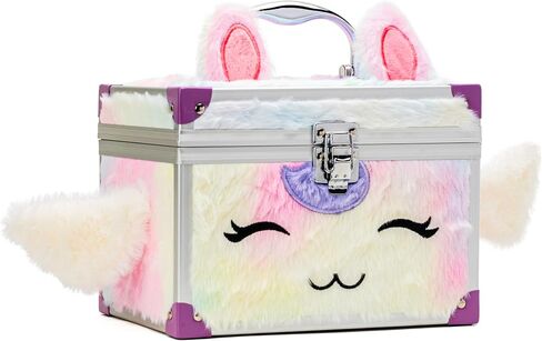 مربع مجوهرات قابلة للقفل Votum Fluffy للفتيات-صندوق فروي مستوحى من وحيد القرن مع أجنحة وآذان-تخزين آمن للمجوهرات والحلي والعلقات-تصميم قوس قزح باستيل أفخم in Kuwait
