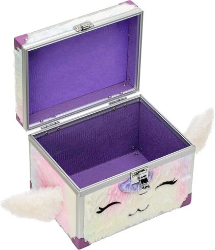 مربع مجوهرات قابلة للقفل Votum Fluffy للفتيات-صندوق فروي مستوحى من وحيد القرن مع أجنحة وآذان-تخزين آمن للمجوهرات والحلي والعلقات-تصميم قوس قزح باستيل أفخم in Kuwait