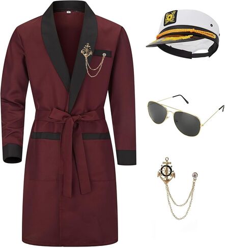 Men Silk Robe Red Jacket Hugh Costume With Belt Brooch Captain Sailor Hat Toy Glasses Set Halloween Hefne Costume Men in Saudi Arabia