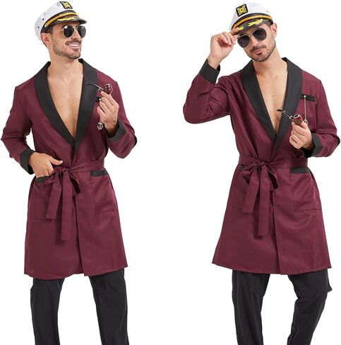 Men Silk Robe Red Jacket Hugh Costume With Belt Brooch Captain Sailor Hat Toy Glasses Set Halloween Hefne Costume Men in Saudi Arabia
