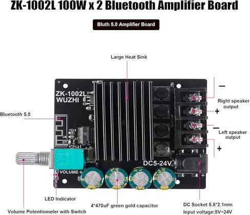 ZK-502H 50W+50W Bluetooth Amplifier Board TPA3116D2 Digital Power Amplifier Audio Amplifier Module Bluetooth 5.0 Dual Channel AMP with AUX/USB/Bluetooth/Flash Drive in Kuwait