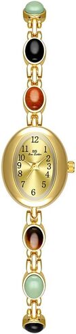 Womens Gold Petite Vintage Colorful Jade Crystals Beaded Waterproof Watch Small Pearl Oval Dial Arabic Numerals Fashion Bracelet Wrist Watch in Saudi Arabia