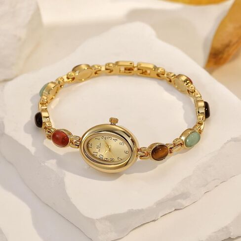 Womens Gold Petite Vintage Colorful Jade Crystals Beaded Waterproof Watch Small Pearl Oval Dial Arabic Numerals Fashion Bracelet Wrist Watch in Saudi Arabia