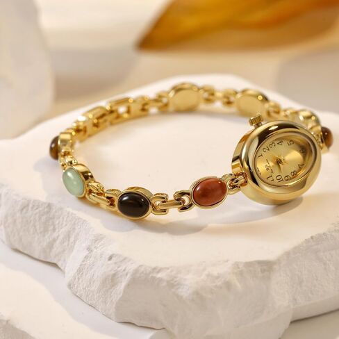 Womens Gold Petite Vintage Colorful Jade Crystals Beaded Waterproof Watch Small Pearl Oval Dial Arabic Numerals Fashion Bracelet Wrist Watch in Saudi Arabia