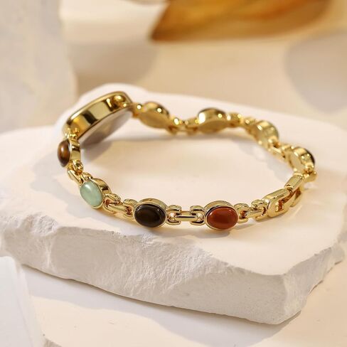 Womens Gold Petite Vintage Colorful Jade Crystals Beaded Waterproof Watch Small Pearl Oval Dial Arabic Numerals Fashion Bracelet Wrist Watch in Saudi Arabia