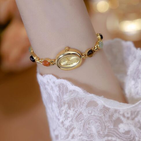 Womens Gold Petite Vintage Colorful Jade Crystals Beaded Waterproof Watch Small Pearl Oval Dial Arabic Numerals Fashion Bracelet Wrist Watch in Saudi Arabia