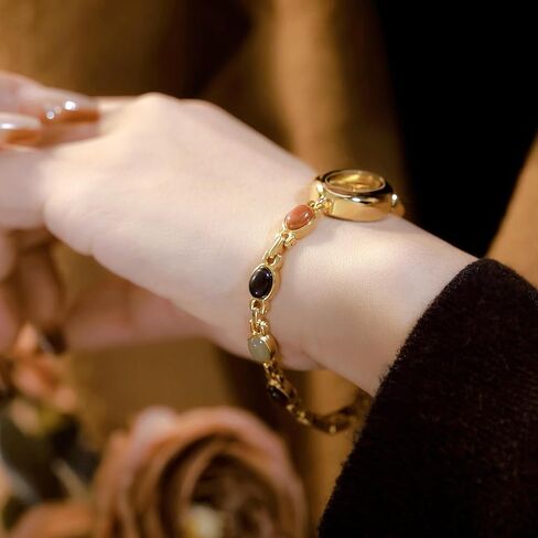 Womens Gold Petite Vintage Colorful Jade Crystals Beaded Waterproof Watch Small Pearl Oval Dial Arabic Numerals Fashion Bracelet Wrist Watch in Saudi Arabia