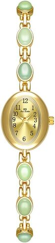 Womens Gold Petite Vintage Colorful Jade Crystals Beaded Waterproof Watch Small Pearl Oval Dial Arabic Numerals Fashion Bracelet Wrist Watch in Saudi Arabia