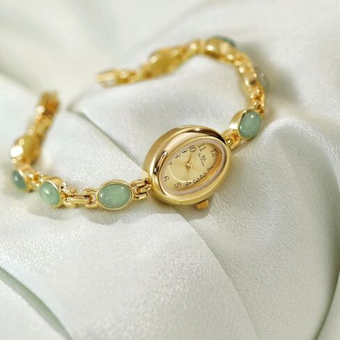 Womens Gold Petite Vintage Colorful Jade Crystals Beaded Waterproof Watch Small Pearl Oval Dial Arabic Numerals Fashion Bracelet Wrist Watch in Saudi Arabia