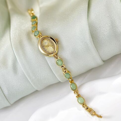 Womens Gold Petite Vintage Colorful Jade Crystals Beaded Waterproof Watch Small Pearl Oval Dial Arabic Numerals Fashion Bracelet Wrist Watch in Saudi Arabia
