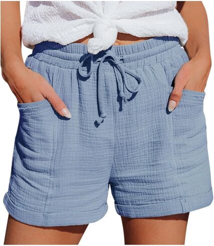 Aniywn Linen Shorts for Women High Waisted Plus Size Lounge Beach Drawstring Casual Outfits Comfy Loose Beach Shorts Pockets in Saudi Arabia