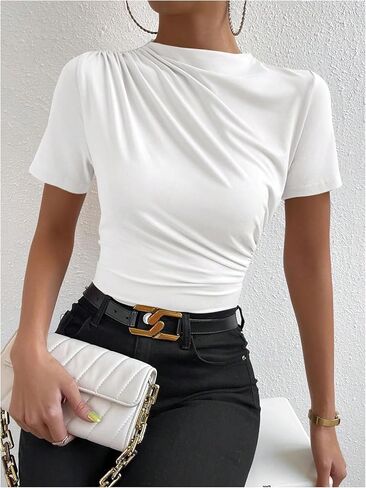 SweatyRocks Women's Ruched Mock Neck T Shirt Short Sleeve Fitted Summer Basic Tops in Saudi Arabia